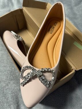 TOP Moda Blush Pink Patent Flats with Crystal Bow Accent